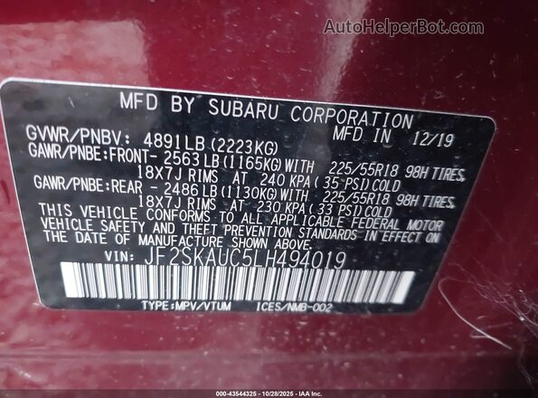 JF2SKAUC5LH494019 2020 SUBARU FORESTER Red Вид підкапотного простору