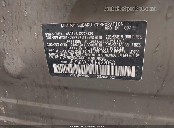 JF2SKAXC2LH422058 2020 SUBARU FORESTER Tan Вид підкапотного простору