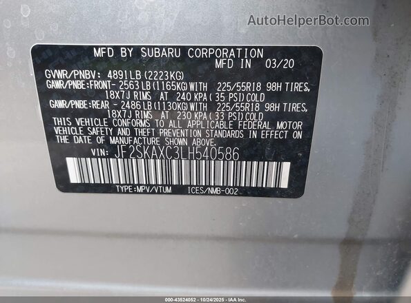 JF2SKAXC3LH540586 2020 SUBARU FORESTER Silver Вид підкапотного простору