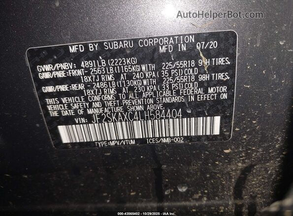 JF2SKAXC4LH584404 2020 SUBARU FORESTER Gray Շարժիչի բաժամունքի տեսք