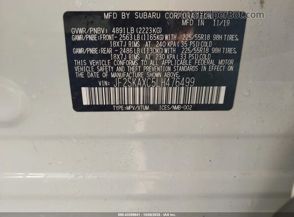 JF2SKAXC5LH476499 2020 SUBARU FORESTER White Շարժիչի բաժամունքի տեսք