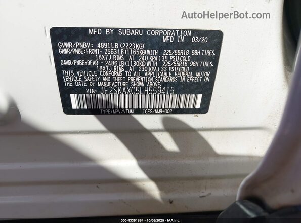 JF2SKAXC5LH559415 2020 SUBARU FORESTER White Вид підкапотного простору