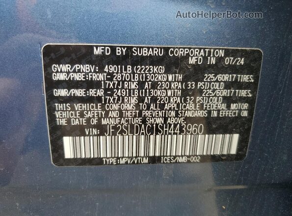 JF2SLDAC1SH443960 2025 SUBARU FORESTER Blue Вид наклейки з VIN-кодом