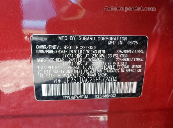 JF2SLDAC2SH572404 2025 SUBARU FORESTER Red Вид наклейки з VIN-кодом