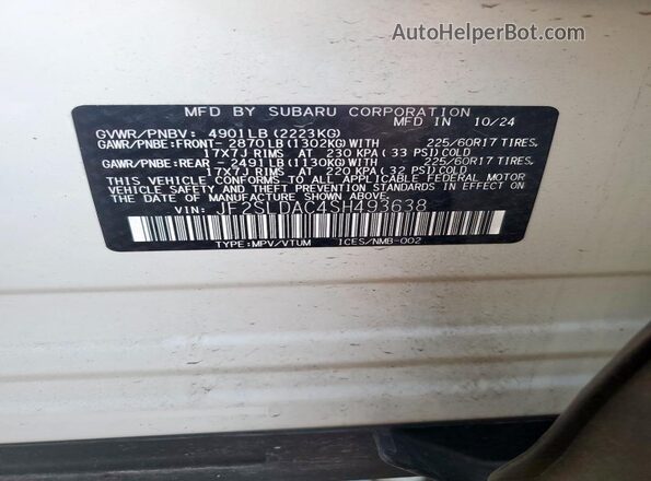 JF2SLDAC4SH493638 2025 SUBARU FORESTER White VIN sticker view