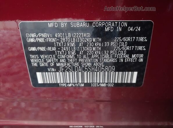 JF2SLDAC5SH405809 2025 SUBARU FORESTER Red Շարժիչի բաժամունքի տեսք