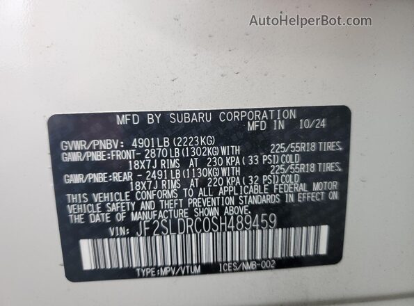 JF2SLDRC0SH489459 2025 SUBARU FORESTER White 