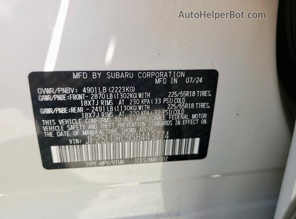 JF2SLDRC9SH443774 2025 SUBARU FORESTER White VIN კოდის სტიკერის ხედი