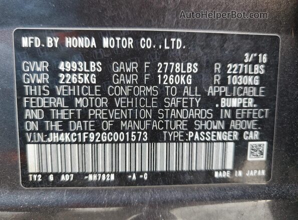 JH4KC1F92GC001573 2016 ACURA RLX Gray VIN კოდის სტიკერის ხედი