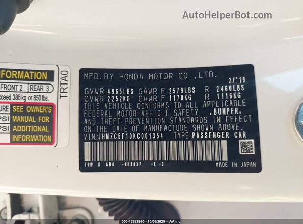 JHMZC5F10KC001354 2019 HONDA CLARITY White Vista del compartimento del motor