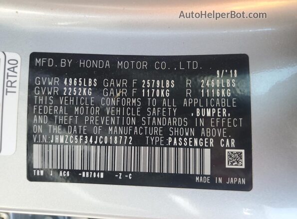 JHMZC5F34JC018772 2018 HONDA CLARITY Silver 