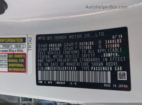 JHMZC5F35JC012429 2018 HONDA CLARITY PLUG-IN HYBRID White 