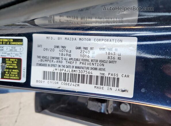 JM1BPAJL8M1307564 2021 MAZDA 3 Blue Вид наклейки з VIN-кодом