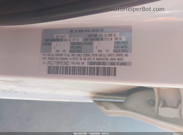 JM1GL1TY6M1613463 2021 MAZDA 6 White Vista del compartimento del motor