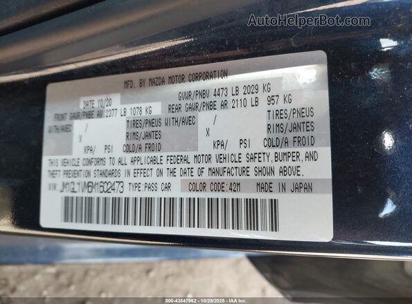 JM1GL1VM6M1602473 2021 MAZDA 6 Blue Vista del compartimento del motor