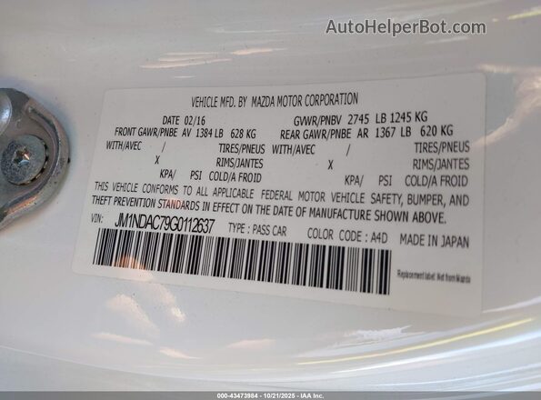 JM1NDAC79G0112637 2016 MAZDA MX-5 MIATA White Vista del compartimento del motor