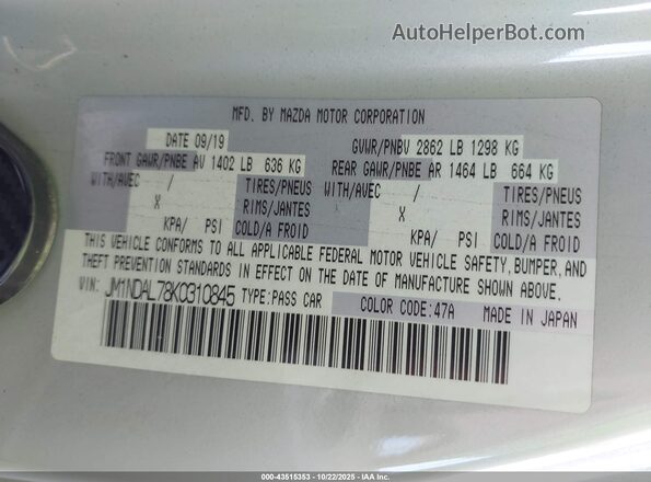 JM1NDAL78K0310845 2019 MAZDA MX-5 MIATA RF White Widok komory silnika