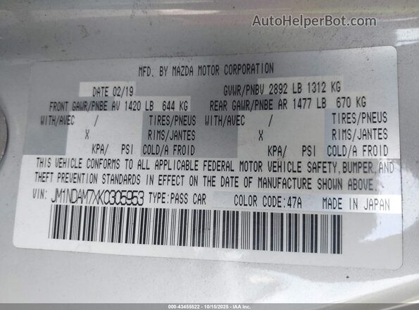 JM1NDAM7XK0305953 2019 MAZDA MX-5 MIATA RF White Vista del compartimento del motor