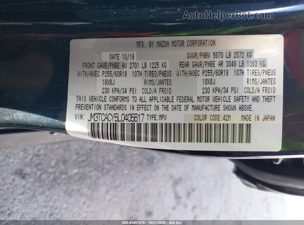 JM3TCACY5L0405617 2020 MAZDA CX-9 Dark Blue Vista del compartimento del motor