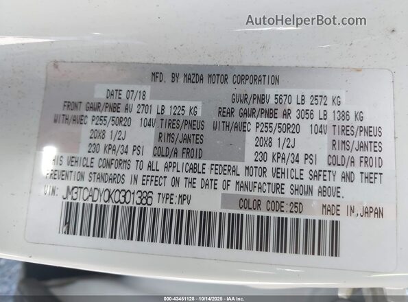 JM3TCADY0K0301386 2019 MAZDA CX-9 White Engine compartment view