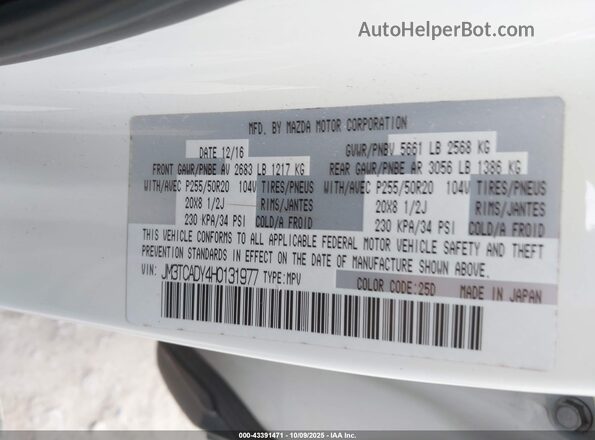 JM3TCADY4H0131977 2017 MAZDA CX-9 White Vista del compartimento del motor