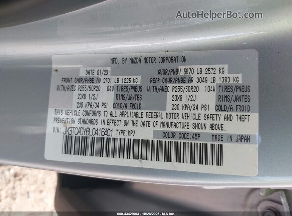 JM3TCADY6L0416401 2020 MAZDA CX-9 Silver Vista del compartimento del motor