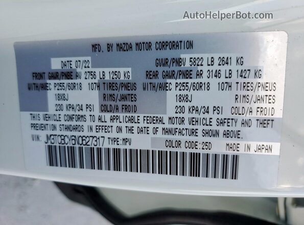 JM3TCBCY6N0627317 2022 MAZDA CX-9 White Vista de la etiqueta del VIN
