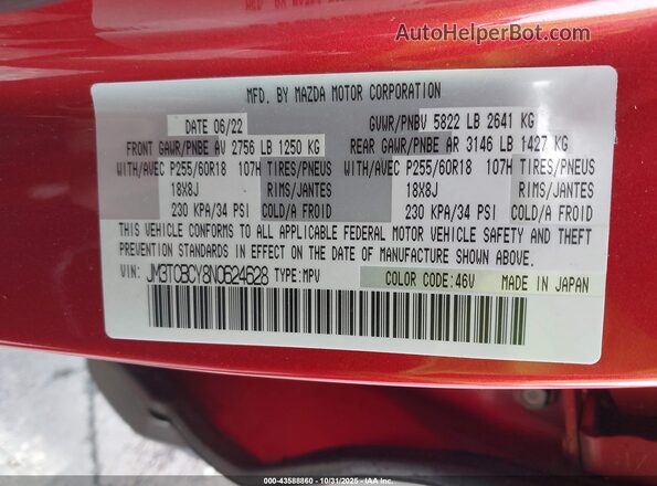 JM3TCBCY8N0624628 2022 MAZDA CX-9 Red Widok komory silnika