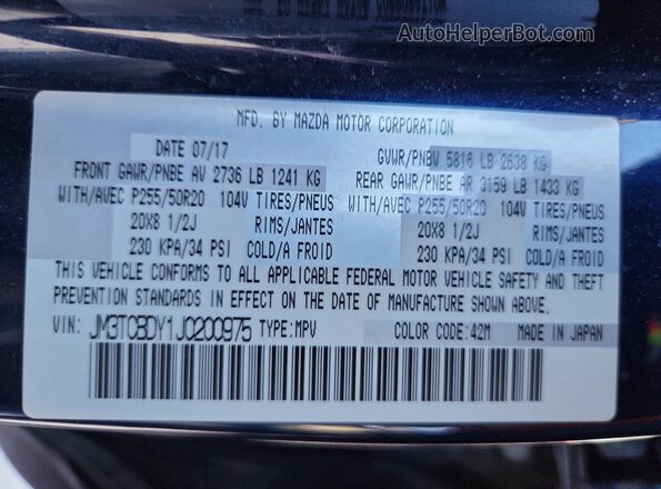 JM3TCBDY1J0200975 2018 MAZDA CX-9 Blue 