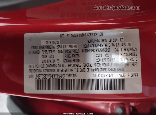 JM3TCBDY6M0535282 2021 MAZDA CX-9 Red Շարժիչի բաժամունքի տեսք