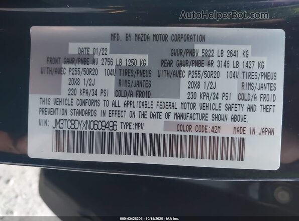 JM3TCBDYXN0609496 2022 MAZDA CX-9 Blue ძრავის განყოფილების ხედი