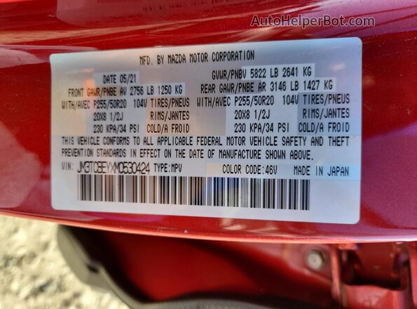 JM3TCBEYXM0530424 2021 MAZDA CX-9 Красный Вид наклейки с VIN-кодом
