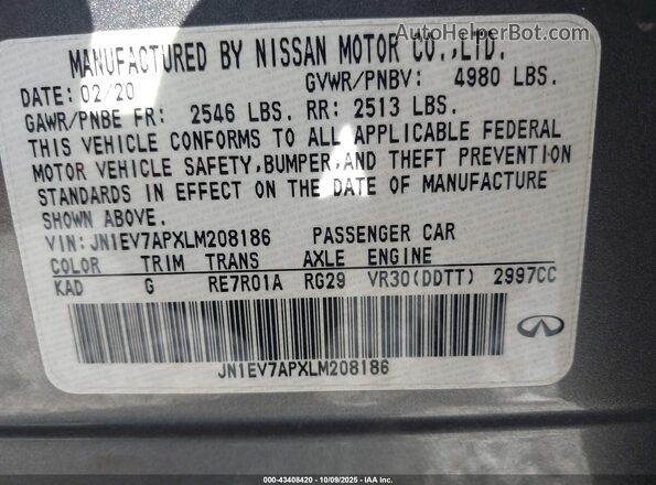 JN1EV7APXLM208186 2020 INFINITI Q50 Gray Շարժիչի բաժամունքի տեսք