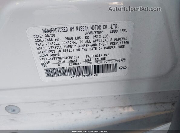 JN1EV7BP5MM701791 2021 INFINITI Q50 White Շարժիչի բաժամունքի տեսք