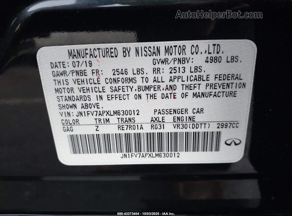 JN1FV7APXLM630012 2020 INFINITI Q50 Black Вид підкапотного простору