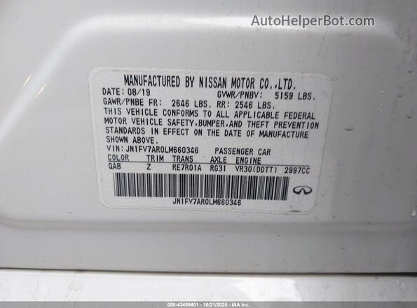JN1FV7AR0LM660346 2020 INFINITI Q50 White Engine compartment view