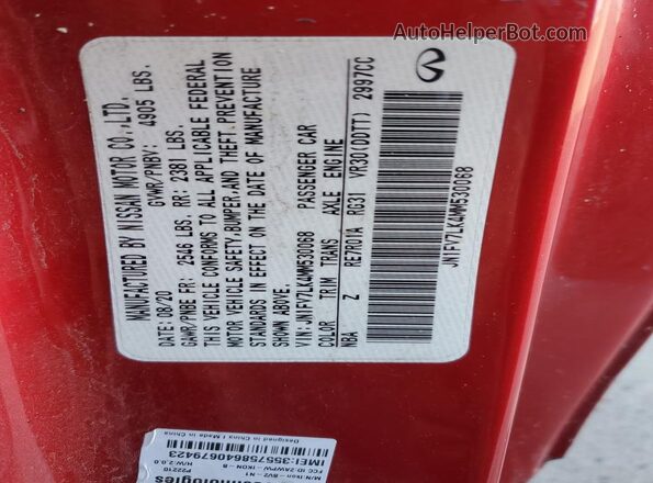 JN1FV7LK4MM530068 2021 INFINITI Q60 Red VIN կոդի պիտակի տեսք