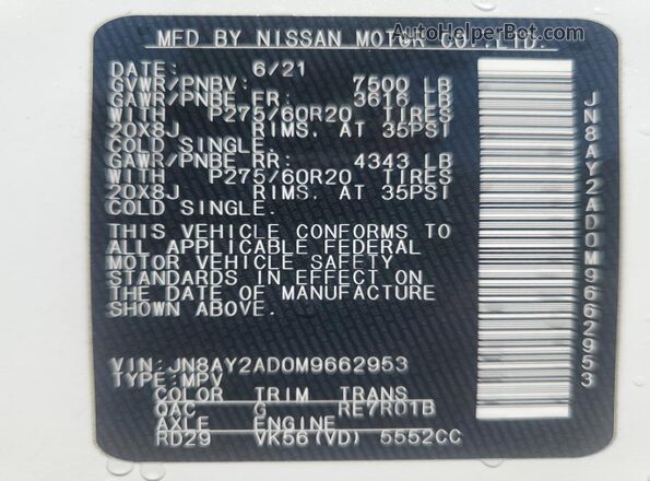 JN8AY2AD0M9662953 2021 NISSAN ARMADA White Widok naklejki z numerem VIN