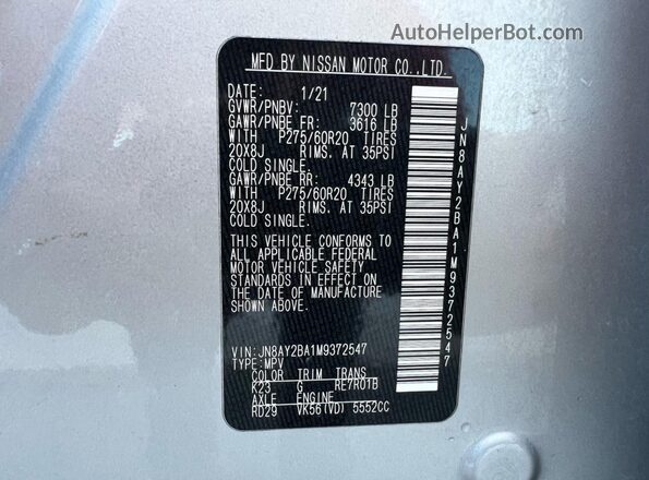 JN8AY2BA1M9372547 2021 NISSAN ARMADA Silver Вид задньої частини салону