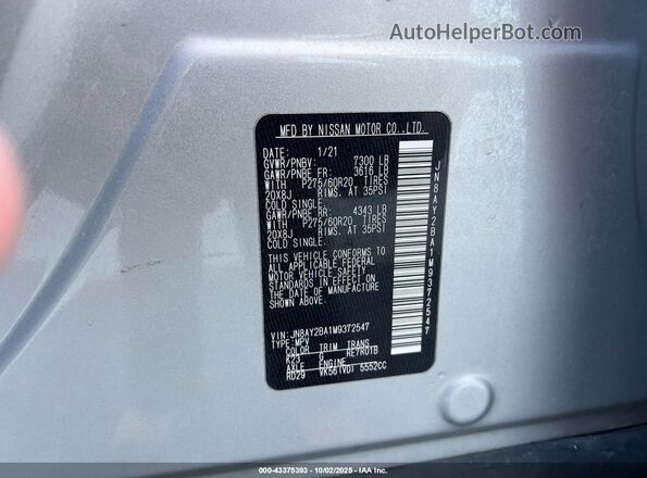 JN8AY2BA1M9372547 2021 NISSAN ARMADA Silver Շարժիչի բաժամունքի տեսք