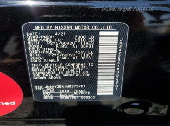 JN8AY2BA1M9373701 2021 NISSAN ARMADA Black Vista interior de 360 grados