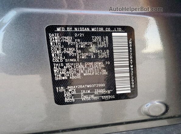 JN8AY2BA7M9372990 2021 NISSAN ARMADA Silver Widok naklejki z numerem VIN