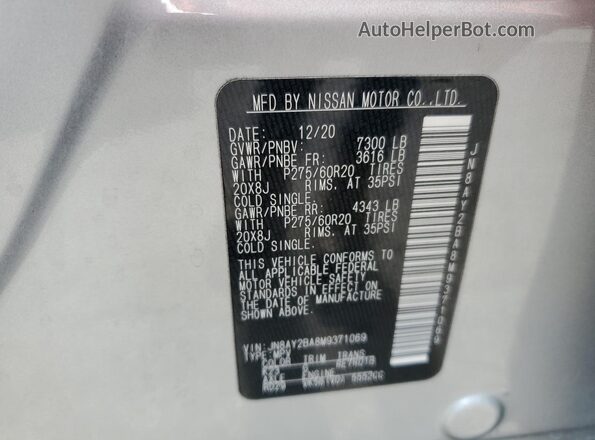 JN8AY2BA8M9371069 2021 NISSAN ARMADA Серебряный Вид наклейки с VIN-кодом