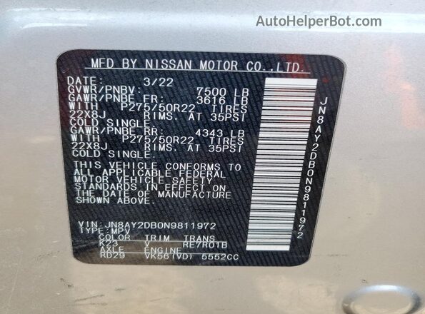 JN8AY2DB0N9811972 2022 NISSAN ARMADA Silver VIN sticker view