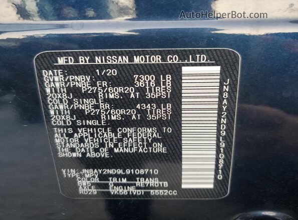 JN8AY2ND9L9108710 2020 NISSAN ARMADA Черный Вид наклейки с VIN-кодом