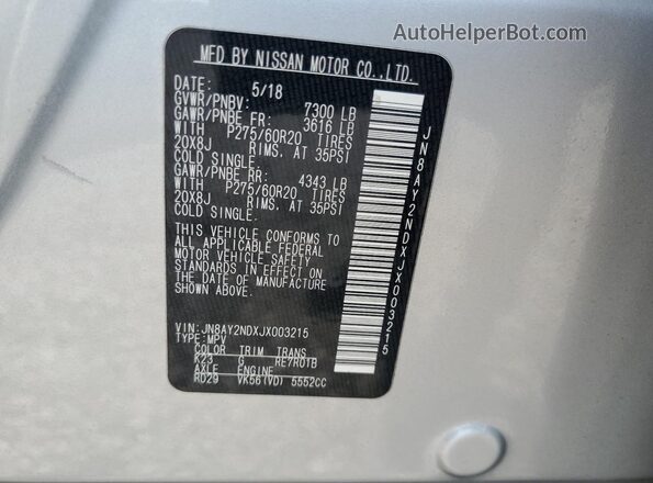 JN8AY2NDXJX003215 2018 NISSAN ARMADA Silver 