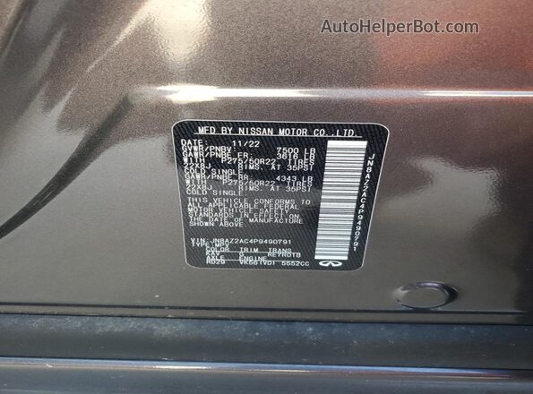 JN8AZ2AC4P9490791 2023 INFINITI QX80 Charcoal VIN კოდის სტიკერის ხედი