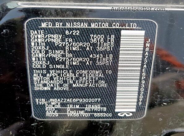 JN8AZ2AE6P9302077 2023 INFINITI QX80 Black Widok naklejki z numerem VIN