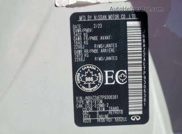 JN8AZ2AE7P9306381 2023 INFINITI QX80 White VIN sticker view
