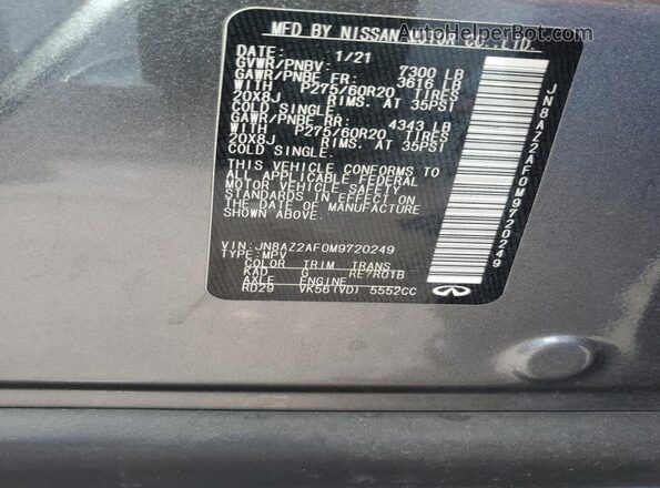 JN8AZ2AF0M9720249 2021 INFINITI QX80 Silver VIN sticker view
